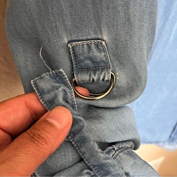 Jane & Delancey Collarless Blue Denim Roll Tab Sleeve Button Front Shirt Size 2X - Picture 8 of 10